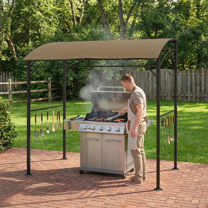 7' x 5' Garden Grill Canopy, BBQ Grill Gazebo Tent with Steel Frame and Hooks, Outdoor Sun Shade, Dark Coffee