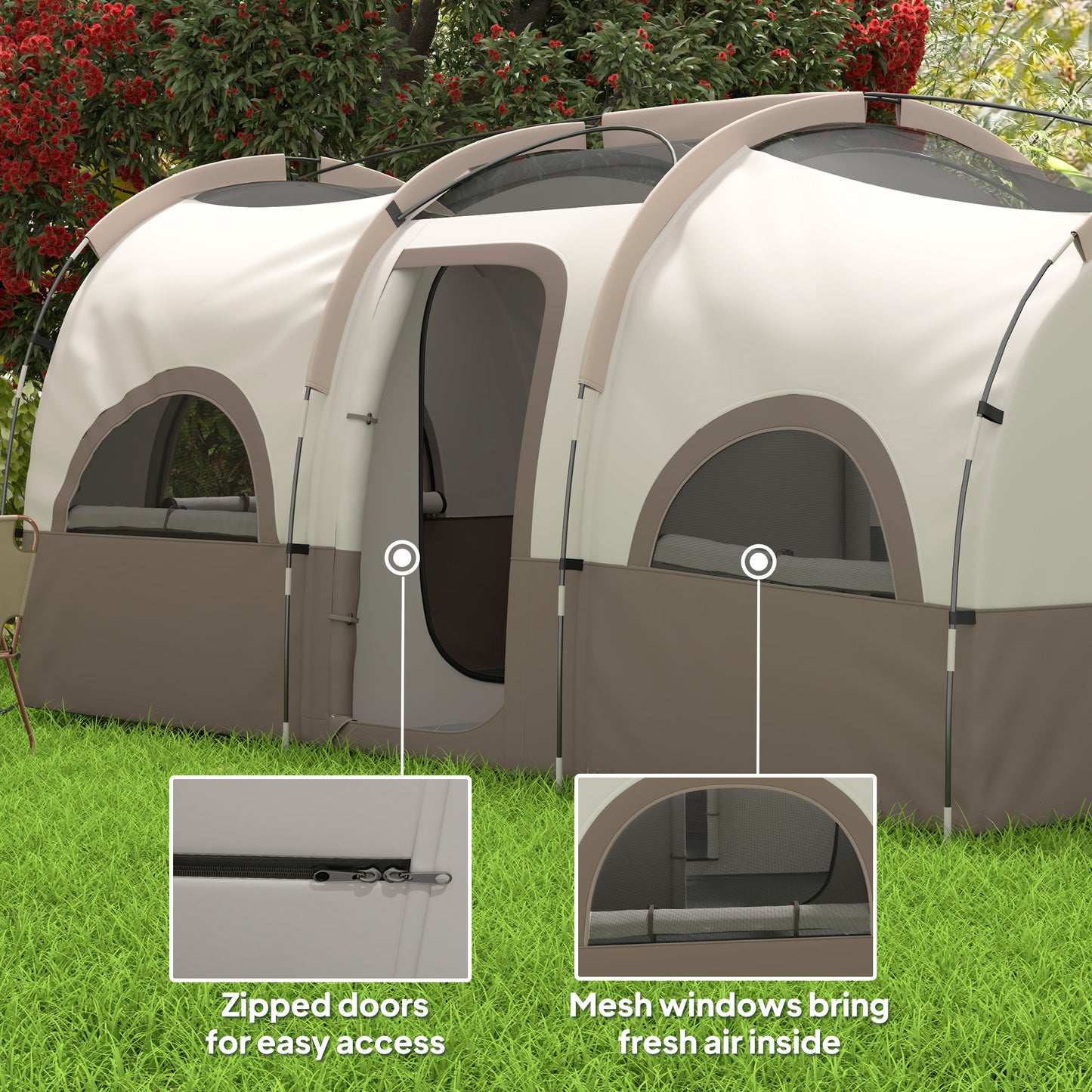 4 Person Camping Tent, 3 Room Cabin Tent, 3000mm Waterproof and UPF30+ with Sewn in Groundsheet and Carry Bag, Khaki