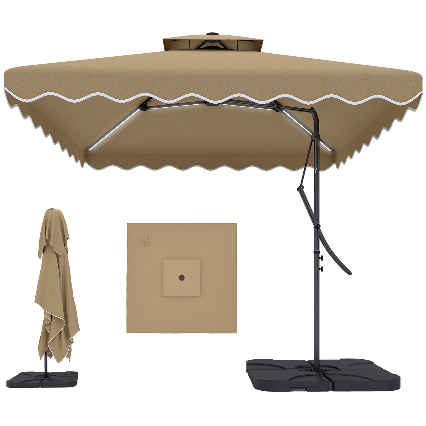 8' x 8' Square Double Top Offset Patio Umbrella Garden Parasol with Solar LED Lights, Ruffles and Weights, Khaki