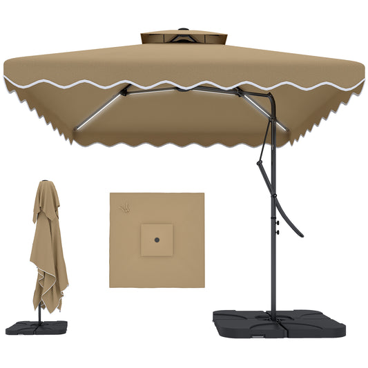 8' x 8' Square Double Top Offset Patio Umbrella Garden Parasol with Solar LED Lights, Ruffles and Weights, Khaki