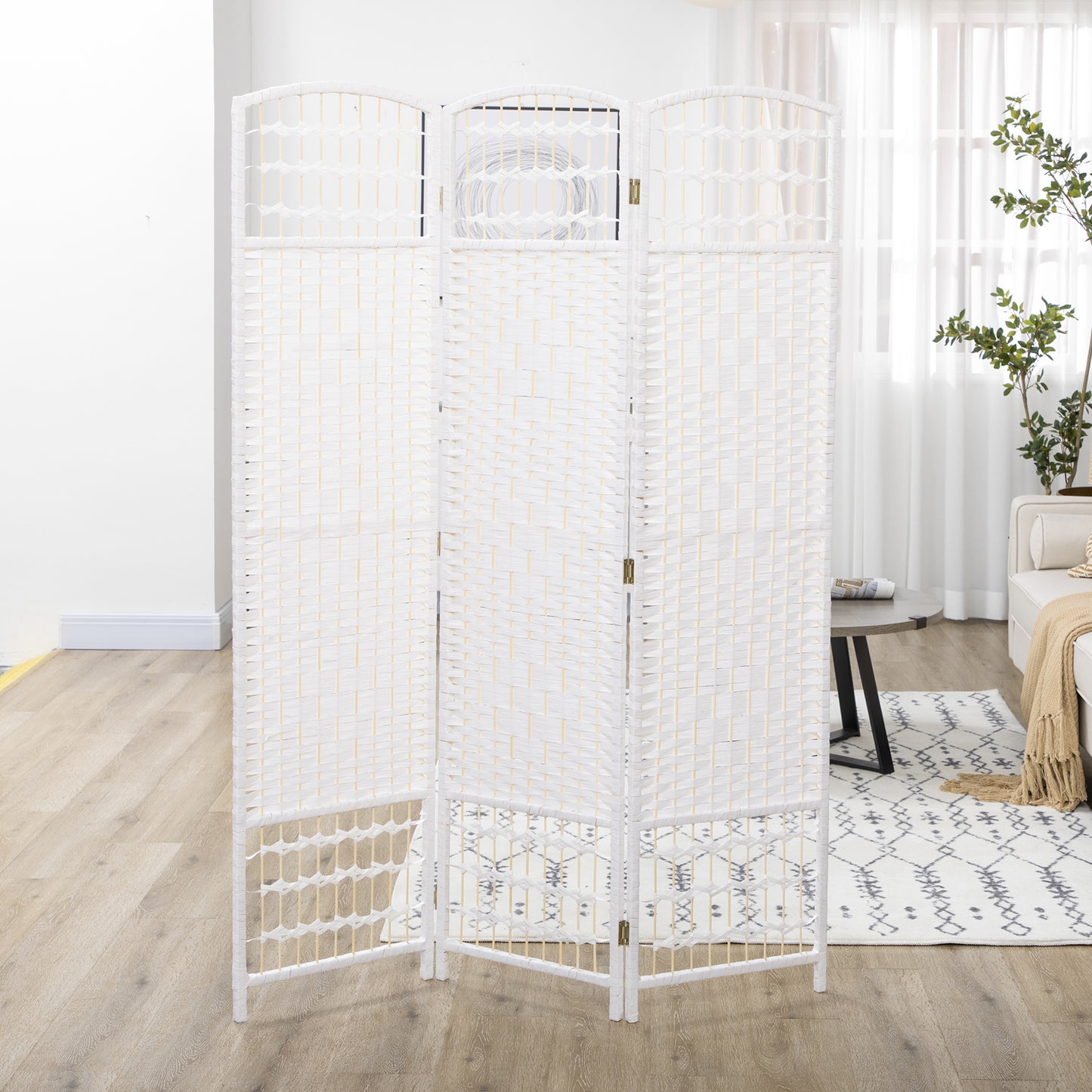 3 Panel Folding Room Divider, Portable Privacy Screen, Wave Fiber Room Partition for Home Office, White