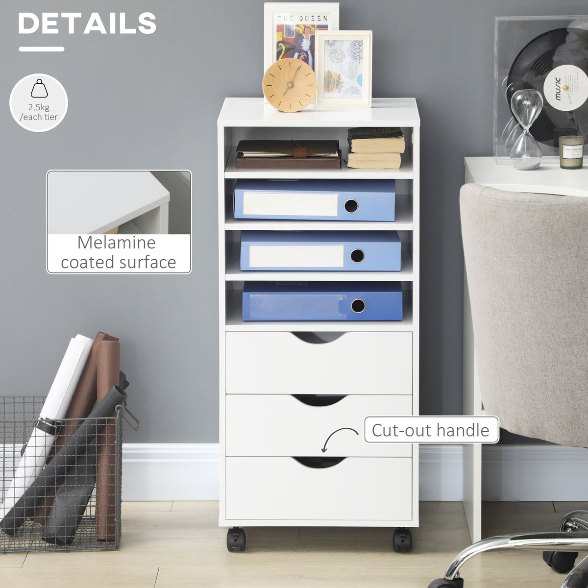 Vertical Filing Cabinet, Mobile File Cabinet on Wheels with 3 Drawers and 4 Open Shelves, Printer Stand with Lockable Ca