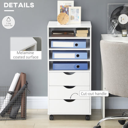 Vertical Filing Cabinet, Mobile File Cabinet on Wheels with 3 Drawers and 4 Open Shelves, Printer Stand with Lockable Ca