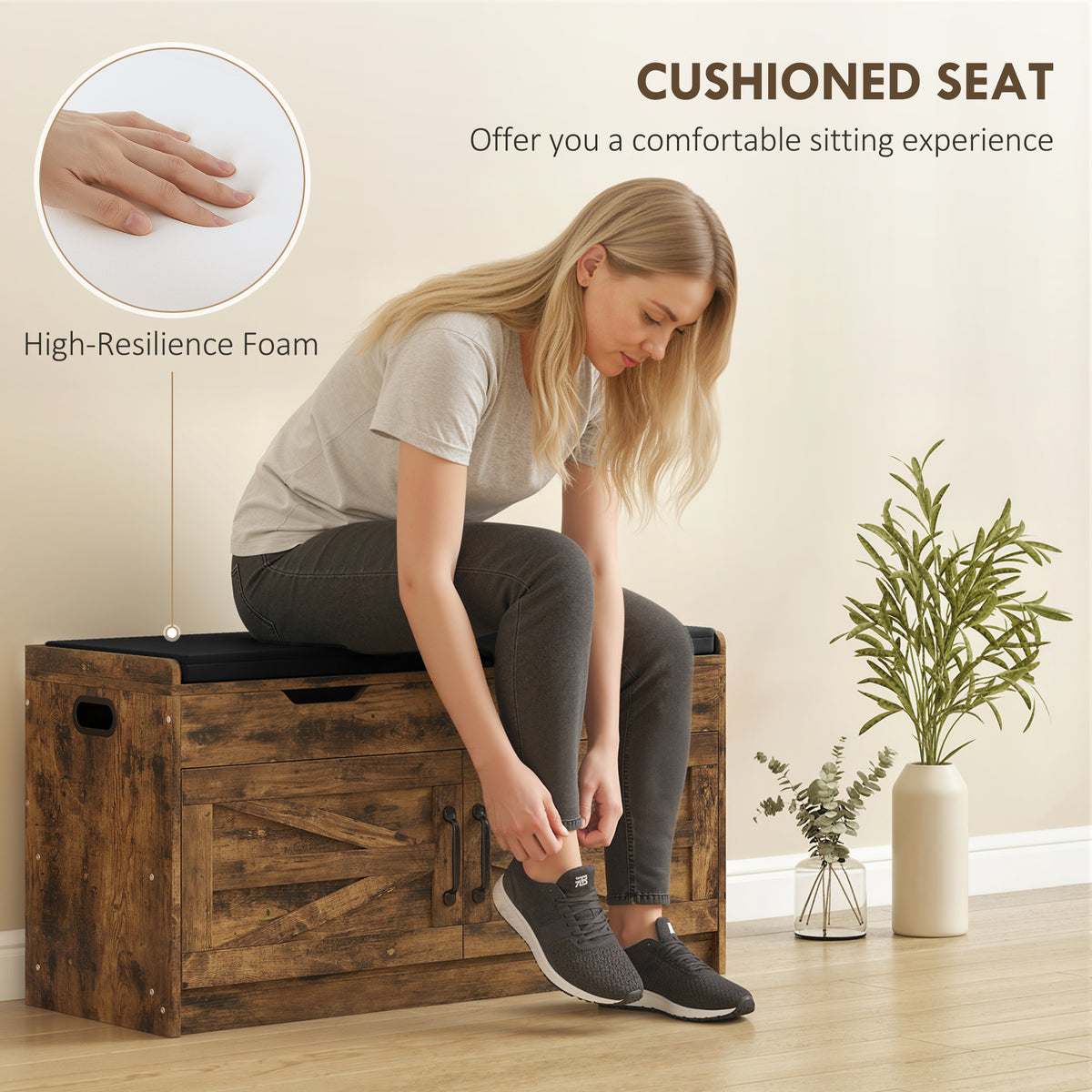 Shoe Storage Bench, Entryway Bench with 2-Tier Cabinet, Flip-Top Storage, Padded Cushion for Hallway, Rustic Brown