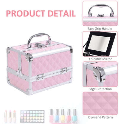 3-Tier Makeup Train Case with Mirror - Pink - Image 4