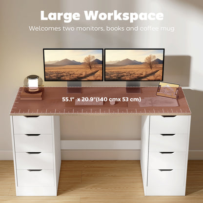 Desk with 8 Drawers, 55.1"W × 20.9"D × 29.5"H Modern Computer Desk for Office, Living Room, White
