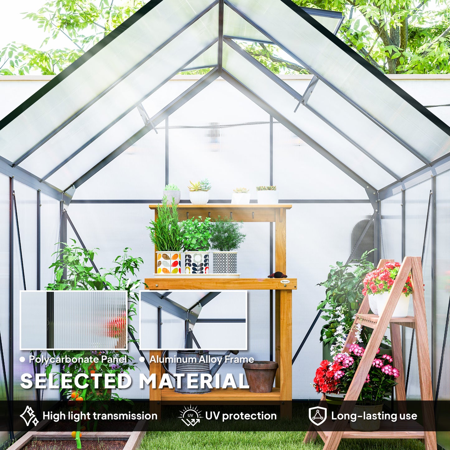 6' x 6' x 6.5' Polycarbonate Greenhouse, Walk-in Green House with Adjustable Roof Vent Galvanized Base Sliding Door Rain