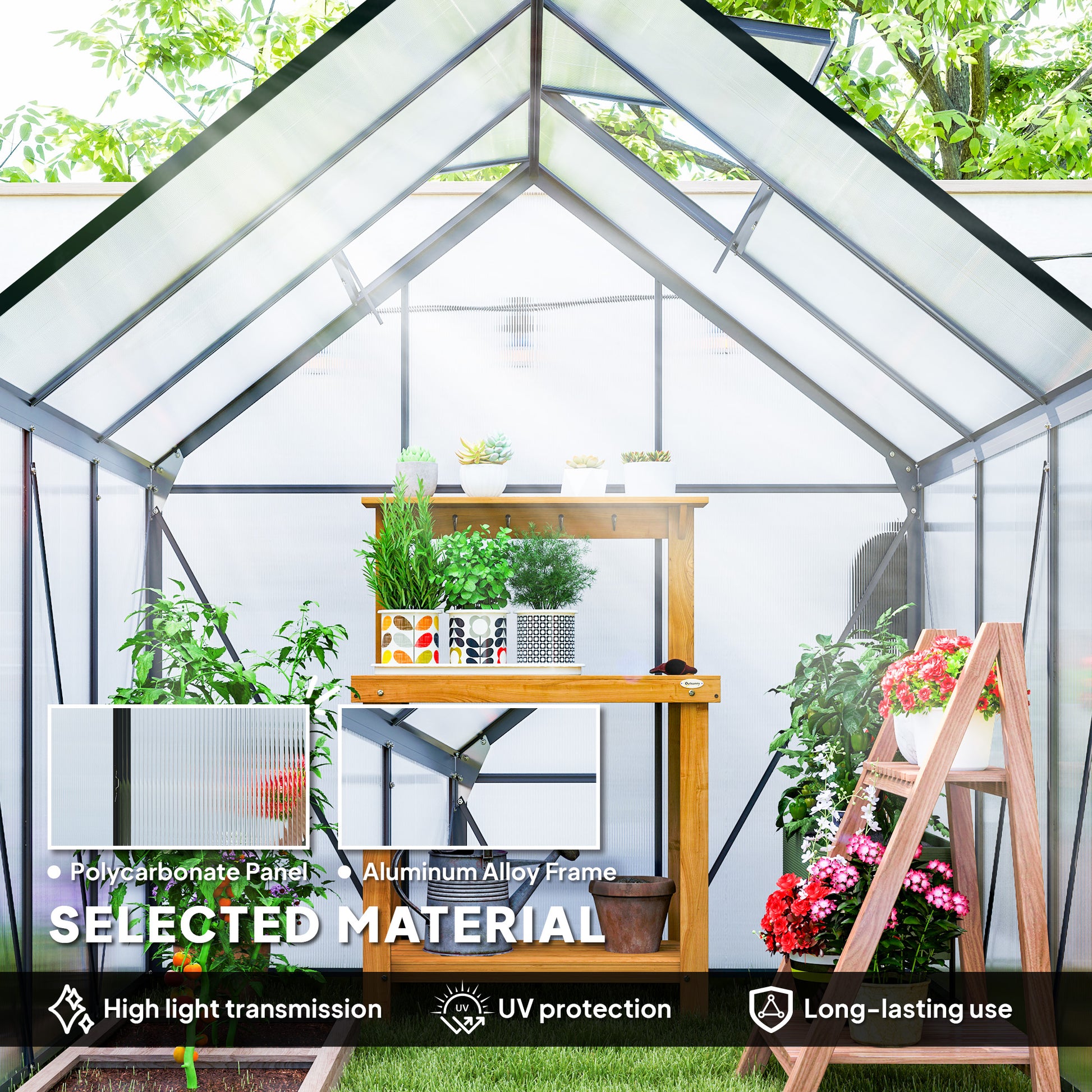 6' x 6' x 6.5' Polycarbonate Greenhouse, Walk-in Green House with Adjustable Roof Vent Galvanized Base Sliding Door Rain