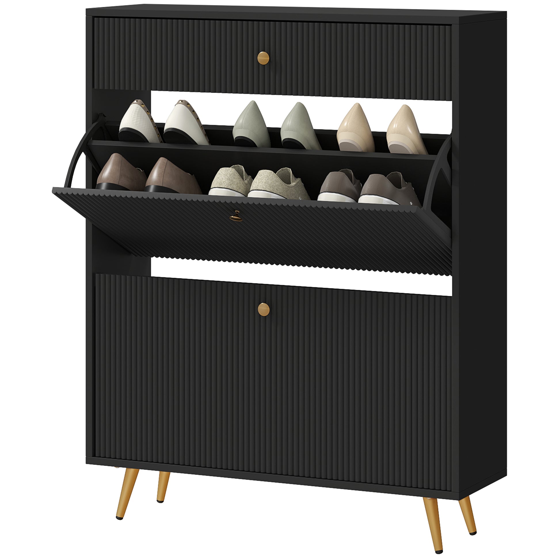 Narrow Shoe Storage Cabinet with Wave-like Panels and Adjustable Shelves for 12 Pairs of Shoes, Black