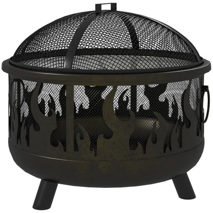 Outdoor Metal Fire Pit, 24" Round Firepit Bowl w/ Lid Grill Poker Handles for Garden, Camping, BBQ, Bonfire, Black