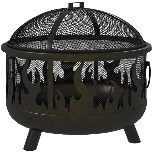 Outdoor Metal Fire Pit, 24" Round Firepit Bowl w/ Lid Grill Poker Handles for Garden, Camping, BBQ, Bonfire, Black