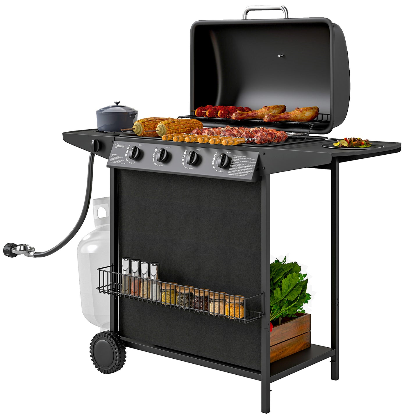 4+1 Burner Propane Gas BBQ Grill, Portable Gas Barbecue Grill with Side Burner, Thermometer, Lid, Side Table, Shelf, Spi