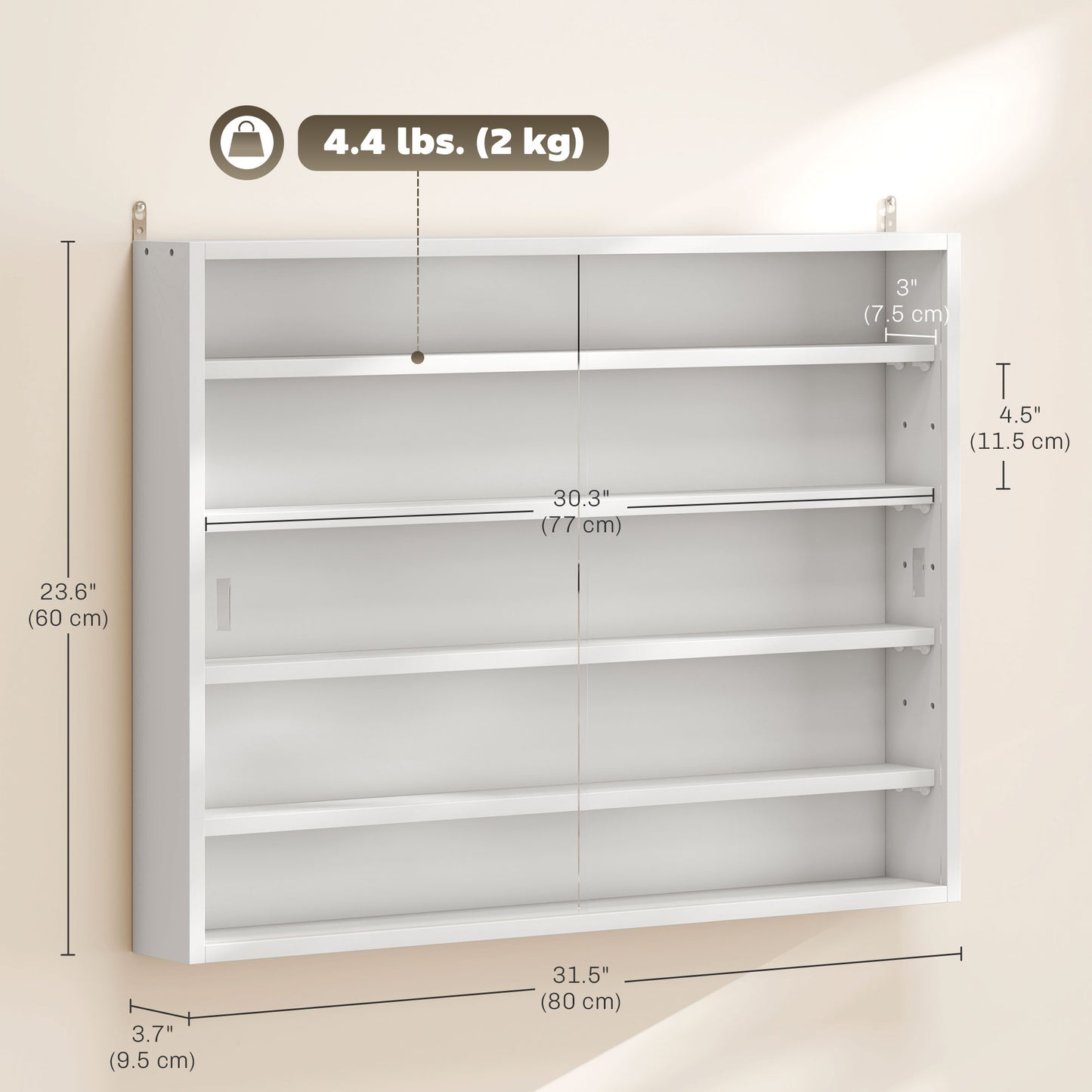 5-Tier Display Cabinet, Shot Glass Display Case, Glass Curio Cabinet with 2 Glass Doors and 4 Adjustable Shelves, White