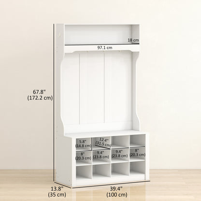 4-In-1 Hall Tree with Bench and Shoe Storage, Farmhouse Coat Rack Shoe Bench with 12 Shoe Cubbies, 6 Hooks, White
