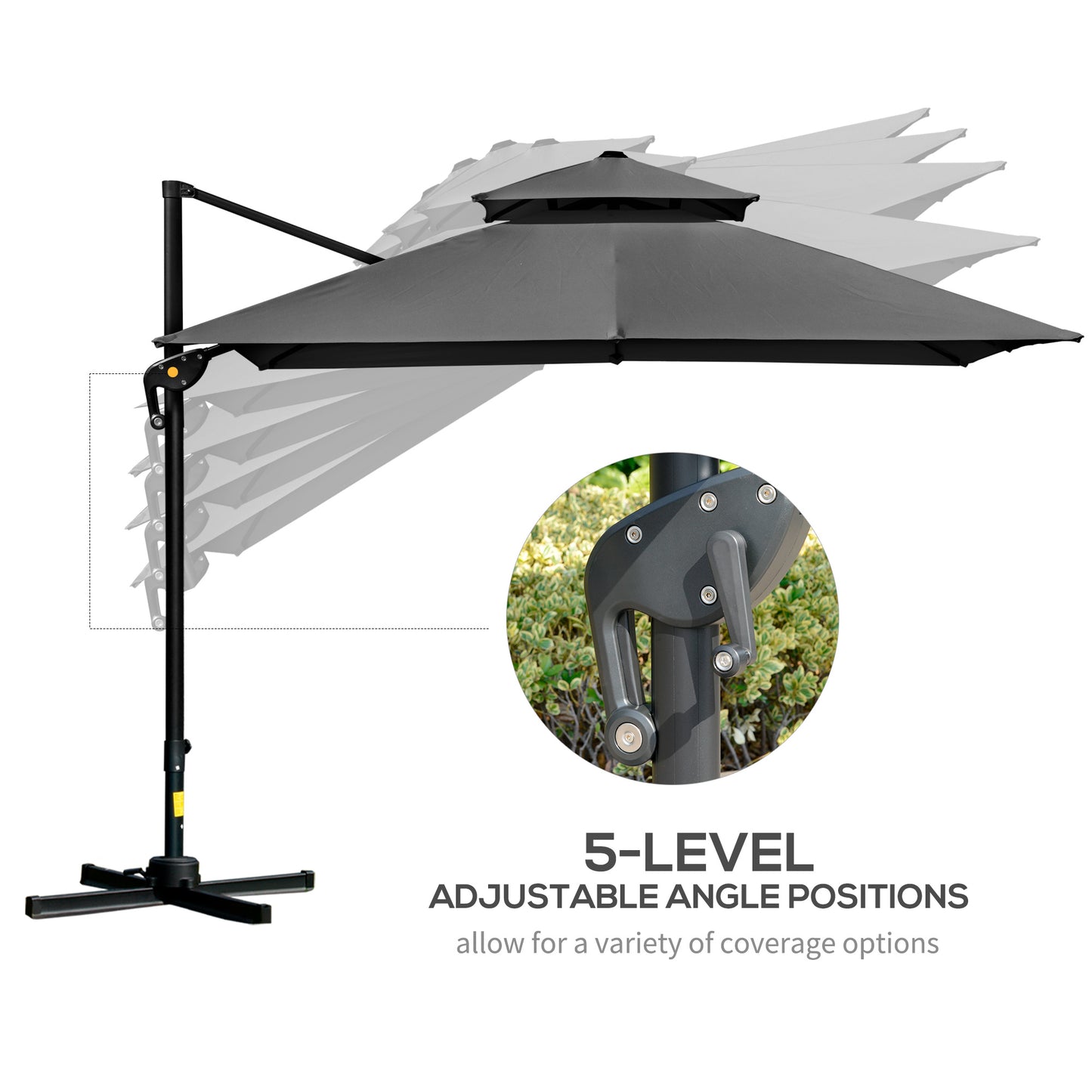 10' x 10' Cantilever Patio Umbrella, Double Top Square Offset Umbrella with 360° Rotation, 5 Adjustable Tilt Angles, Umb