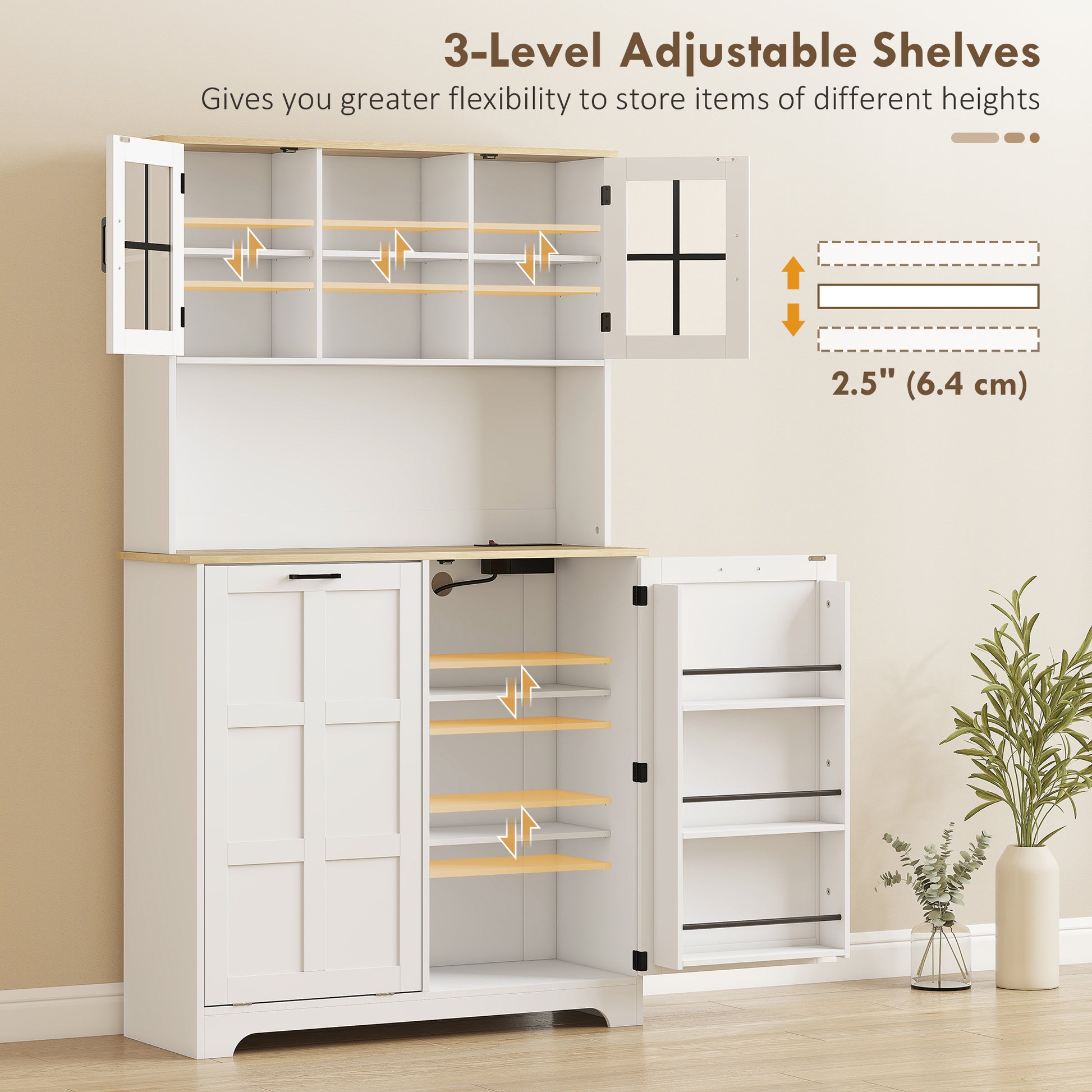 Kitchen Pantry Cabinet with Charging Station, 7 Gallon Trash Can Cabinet, Adjustable Shelves and Acrylic Doors, White