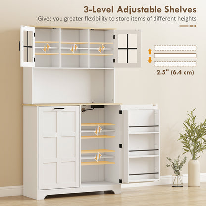 Kitchen Pantry Cabinet with Charging Station, 7 Gallon Trash Can Cabinet, Adjustable Shelves and Acrylic Doors, White