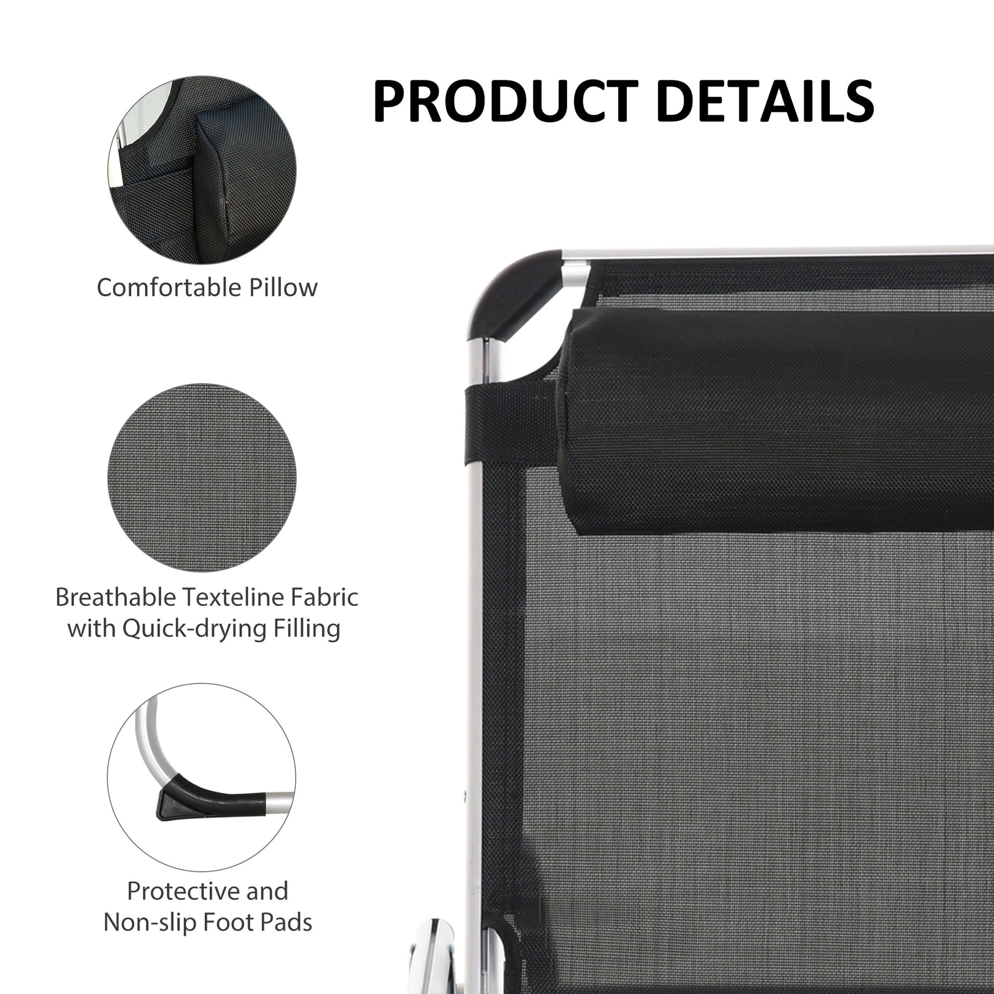 Folding Lounge Chair, Patio Lounger with Headrest, 5-Level Adjustable Backrest, and Aluminum Frame, Black