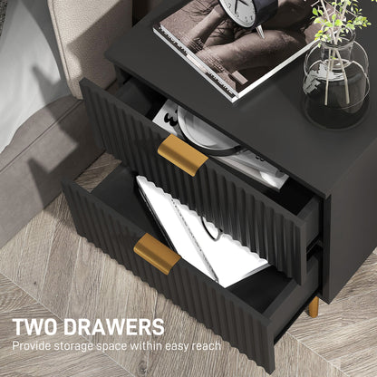 Bedside Table, Modern Nightstand with 2 Drawers, Side End Table with Metal Legs for Living Room, Bedroom, Black