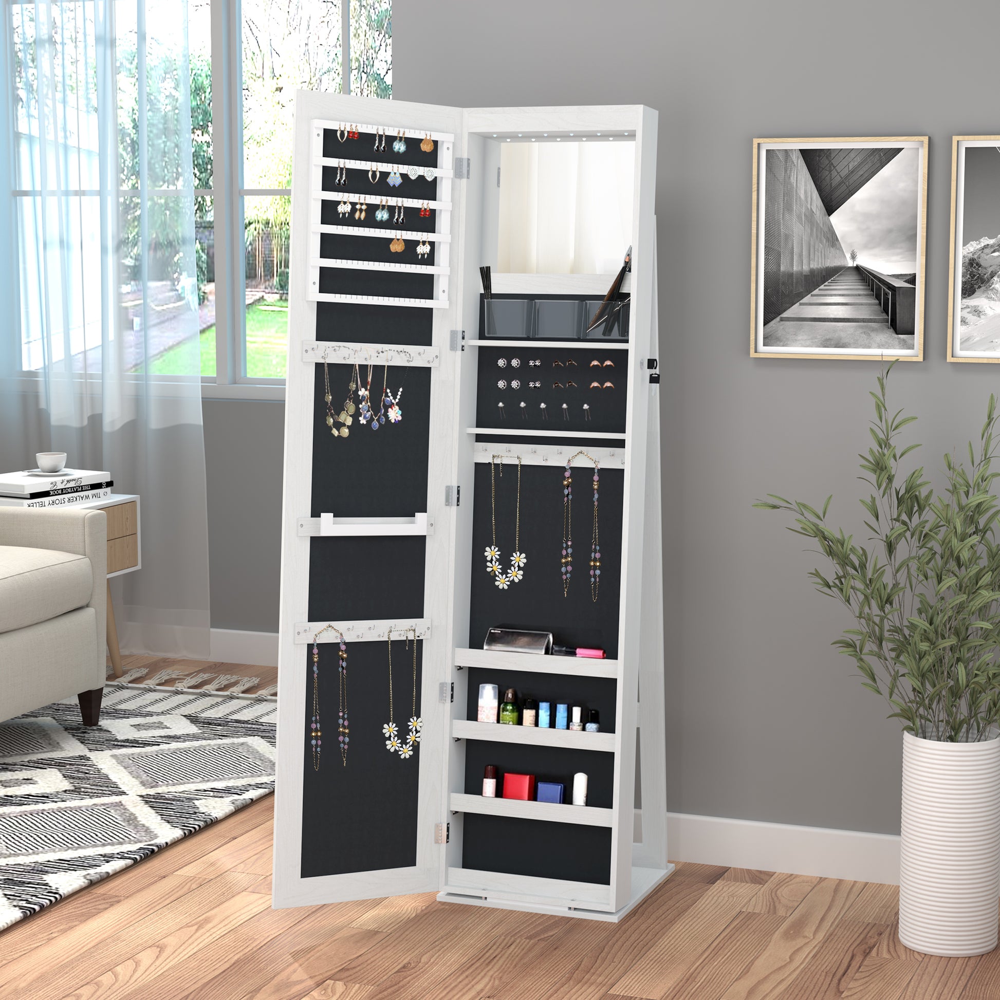 Mirror Jewelry Cabinet Armoire, Lockable Jewelry Organizer with Full-Length Mirror, LED Lights, Standing Jewelry Armoire