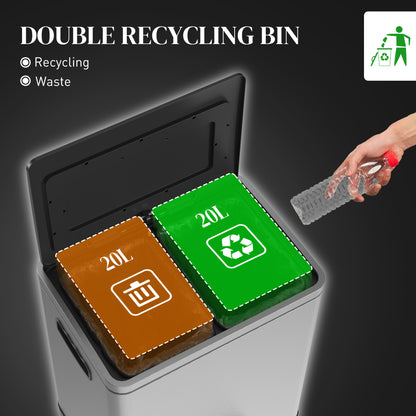 2x5.3 gal (2x20 L) Garbage Bin, Stainless Steel Garbage Can with Soft-Close Lid and Removable Inner Buckets, Silver