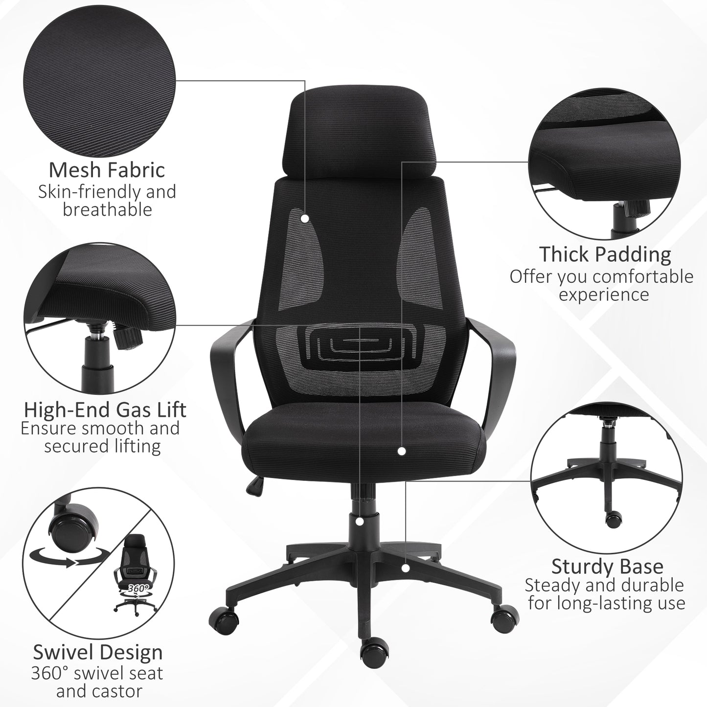 Mesh Office Chair with Up&Down Headrest, Ergonomic Computer Desk Chair with Adjustable Tilt Angle, Height Adjustable Swi