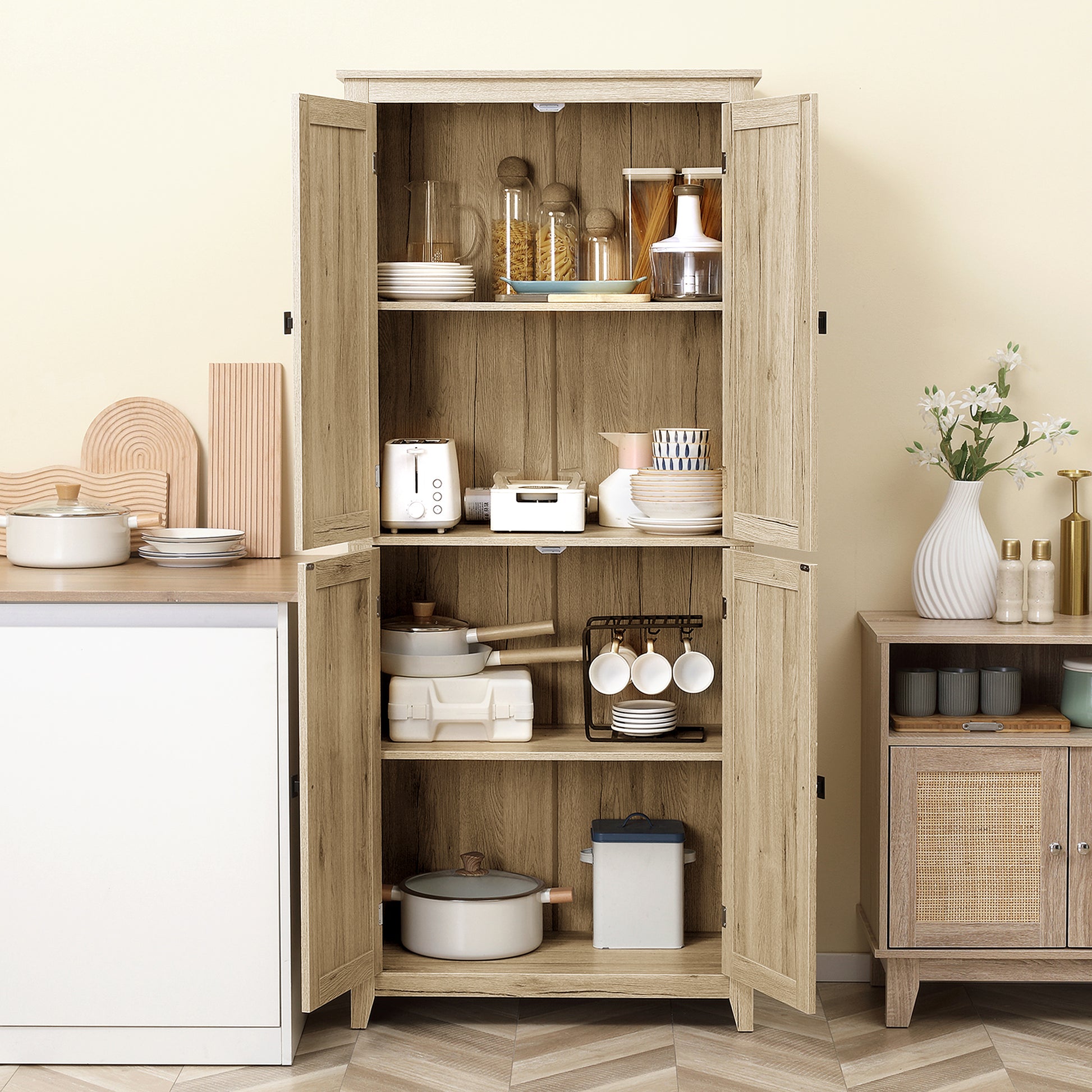72" Freestanding Storage Cabinet, Kitchen Pantry Cabinet with Doors and Shelves for Dining Room, Natural