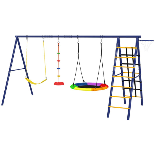 Qaba 6 in 1 Kids Swing Set with 1 Saucer Swing, 1 Belt Swing, 1 Disc Rope Swing, Climbing Ladder and Net, Basketball Hoo