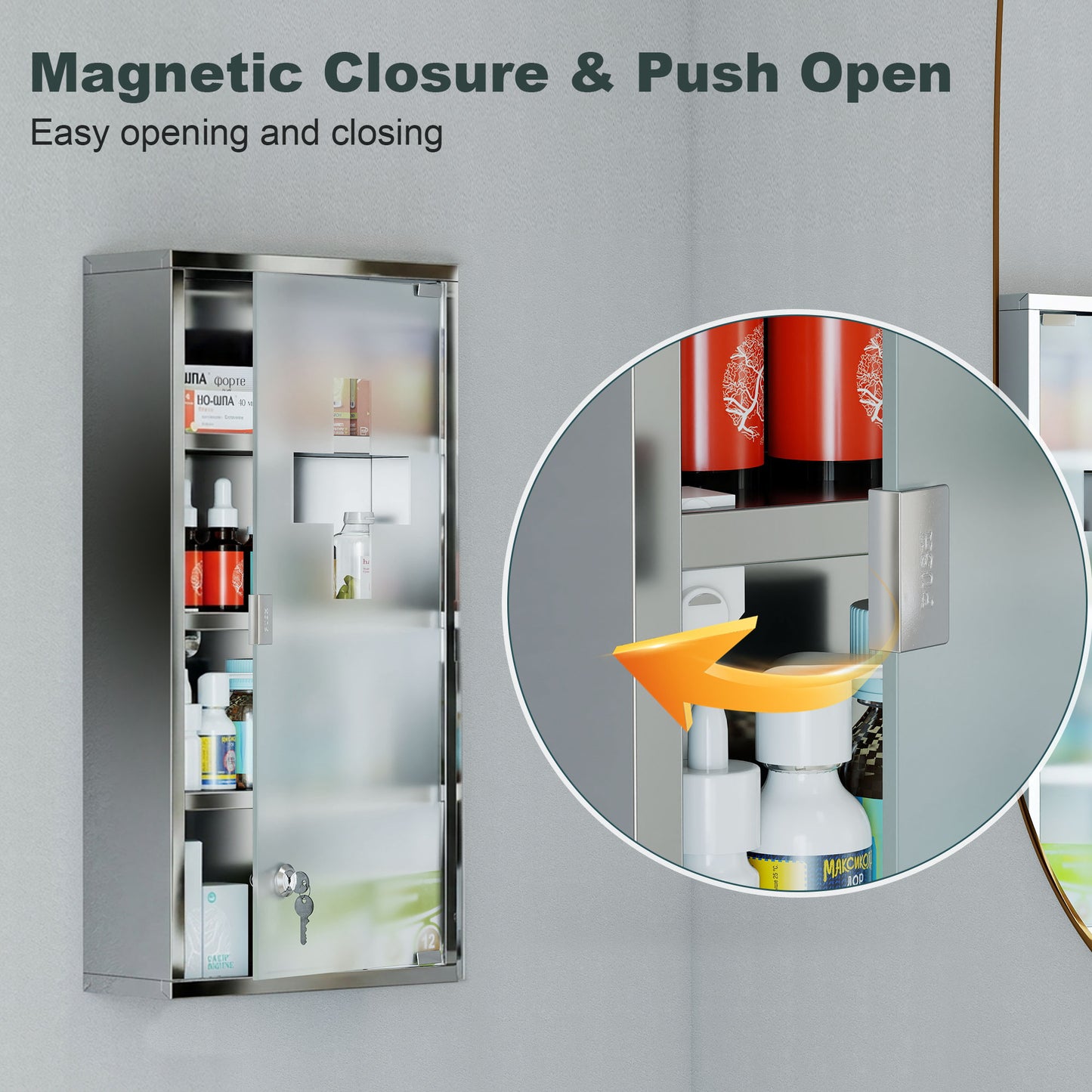 Wall Mount Medicine Cabinet, Bathroom Cabinet with 3 Tier Shelves, Stainless Steel Frame and Glass Door, Lockable with 2