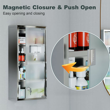 Wall Mount Medicine Cabinet, Bathroom Cabinet with 3 Tier Shelves, Stainless Steel Frame and Glass Door, Lockable with 2
