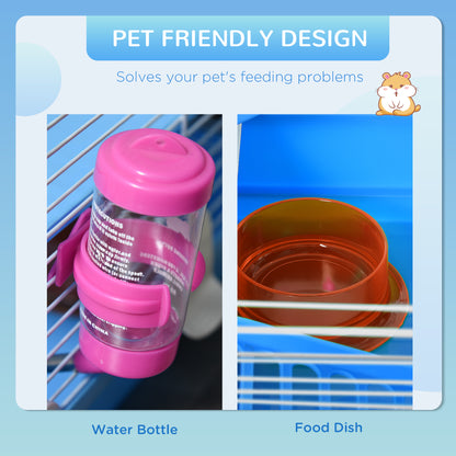 18"L Hamster Cage, Small Animal House, 2-Level Rat Gerbil Haven with Tunnel Tube System, Exercise Wheel, Water Bottle, F