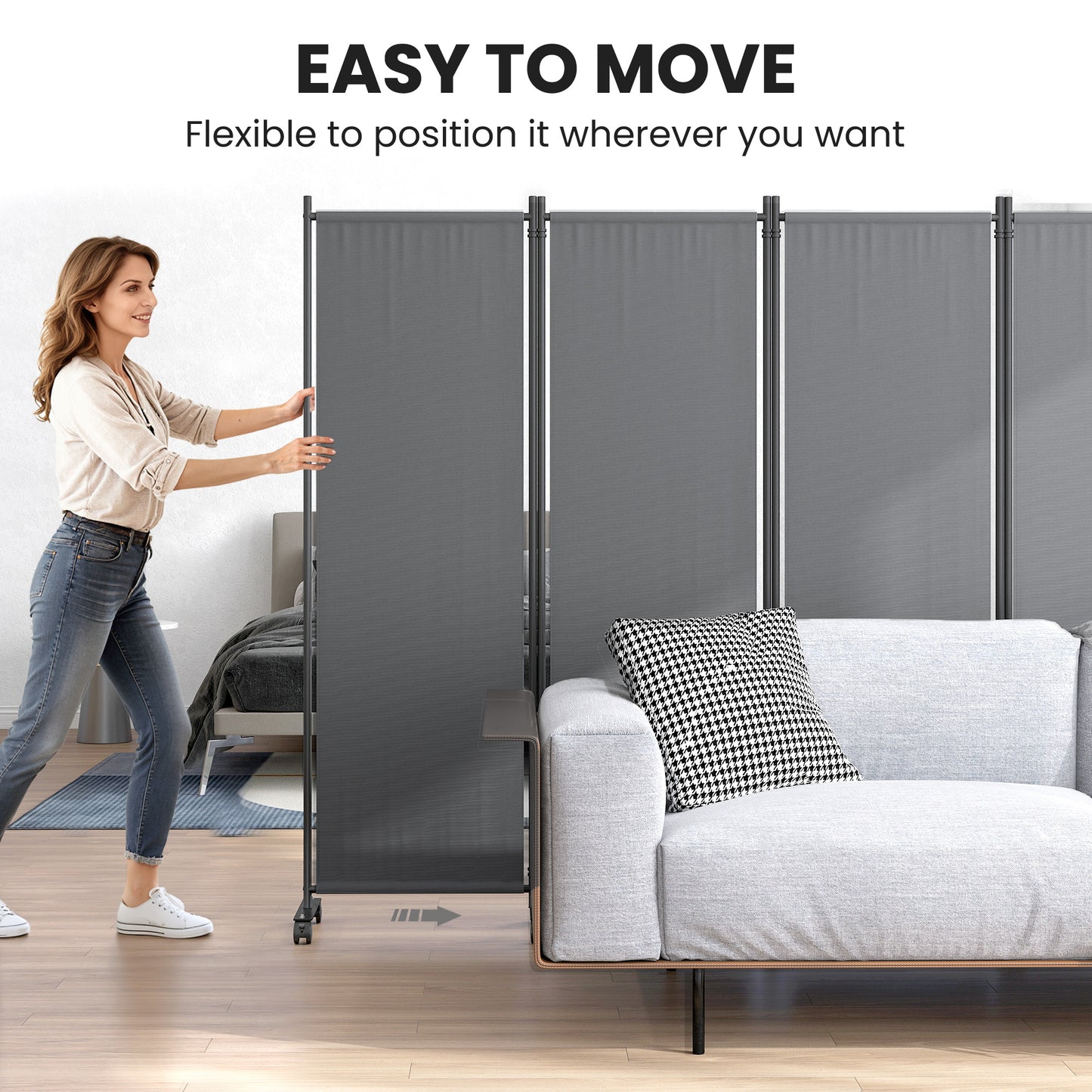 Folding Room Divider with Castor Wheels, Rolling Privacy Screen for Home Office Bedroom, 5.6ft Tall