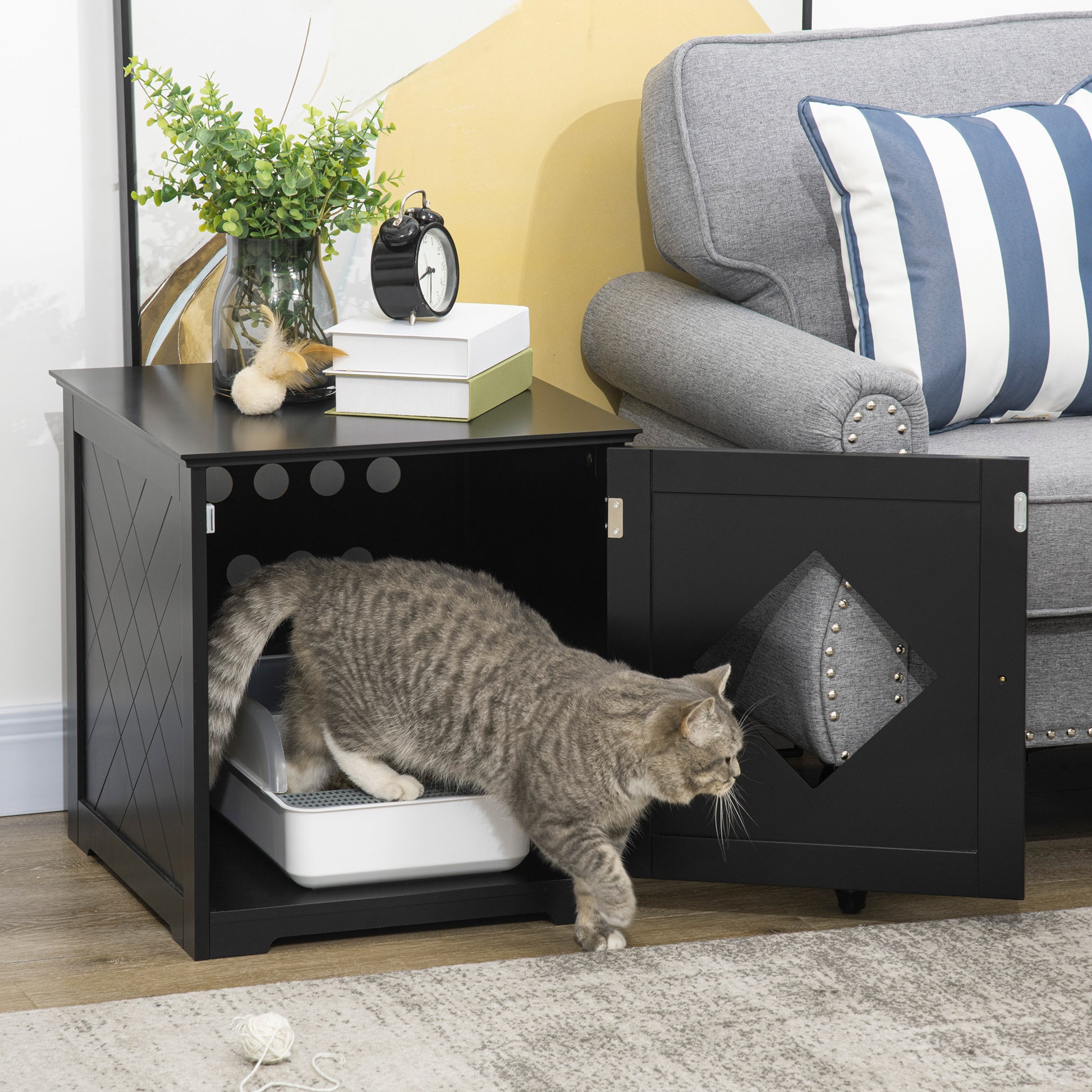 Cat Litter Box Enclosure End Table, Indoor Cat Washroom with Magnetic Door, Hidden Litter Box Nightstand with Large Tabl