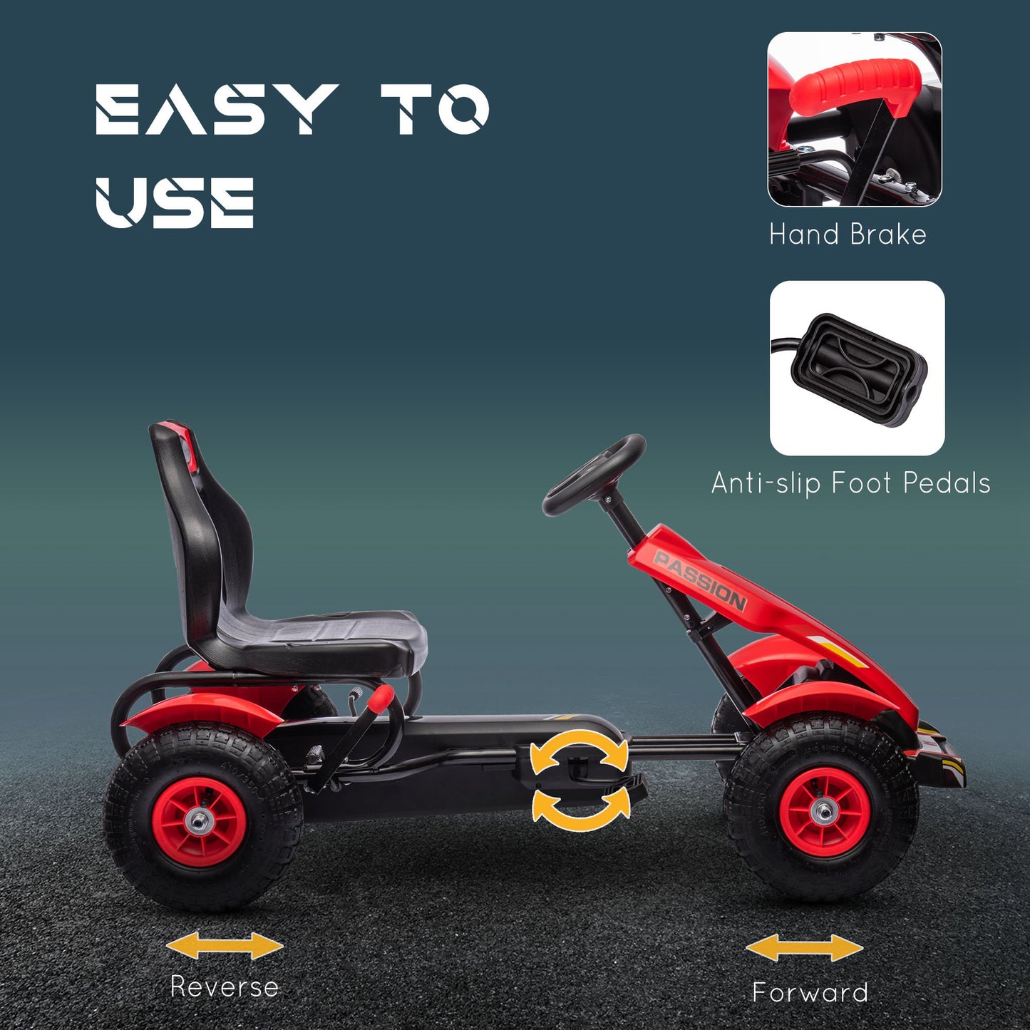 VarietyKart Pedal Go Kart for Kids, Pedal Car with Adjustable Bucket, Handbrake, 4 Rubber Wheels Powered Ride, Red
