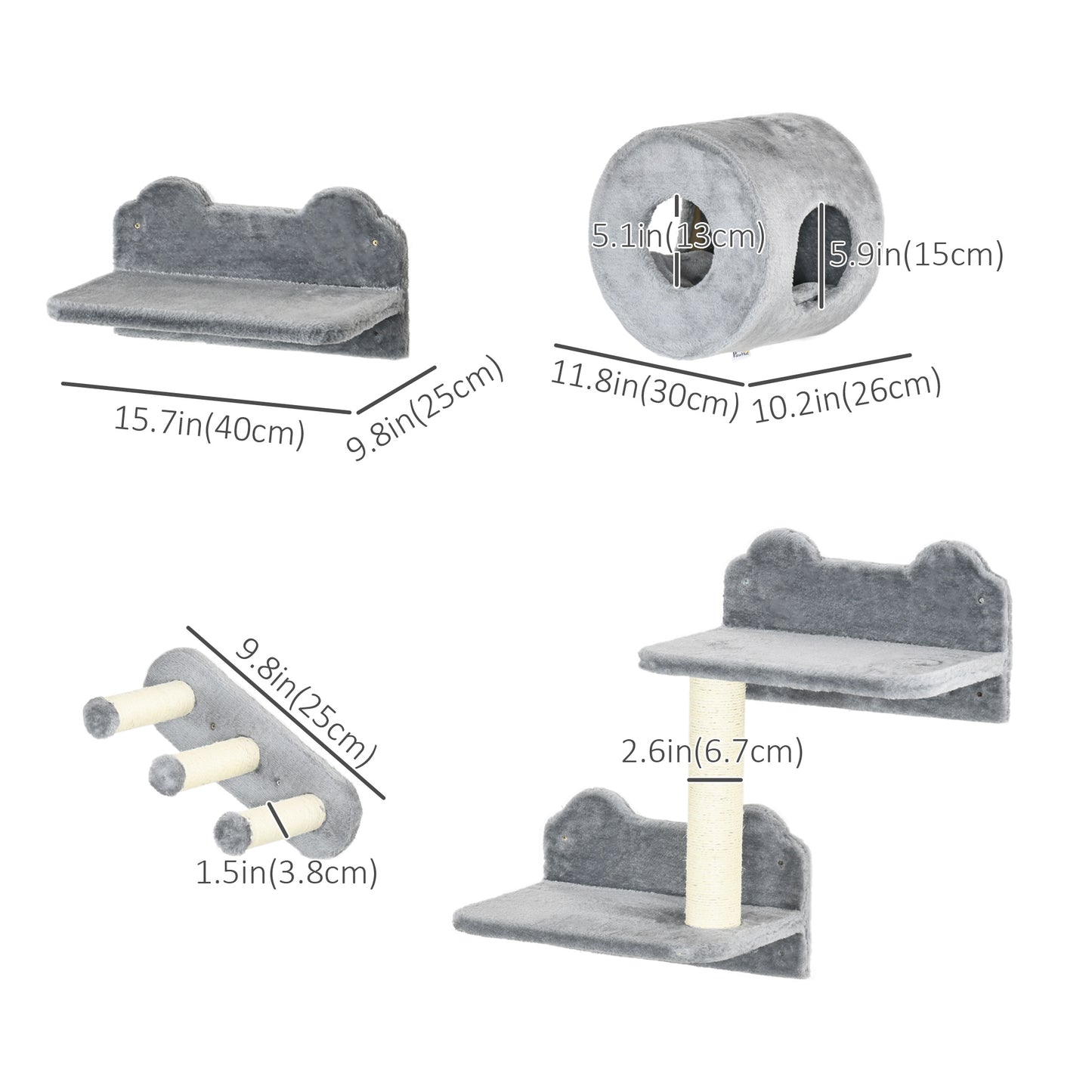 4 PCs 9.3" H Cat Wall Shelves, Pet Wall-mounted Climbing Shelf Set, Kitten Activity Centre with Condo, Cushion, Scratchi