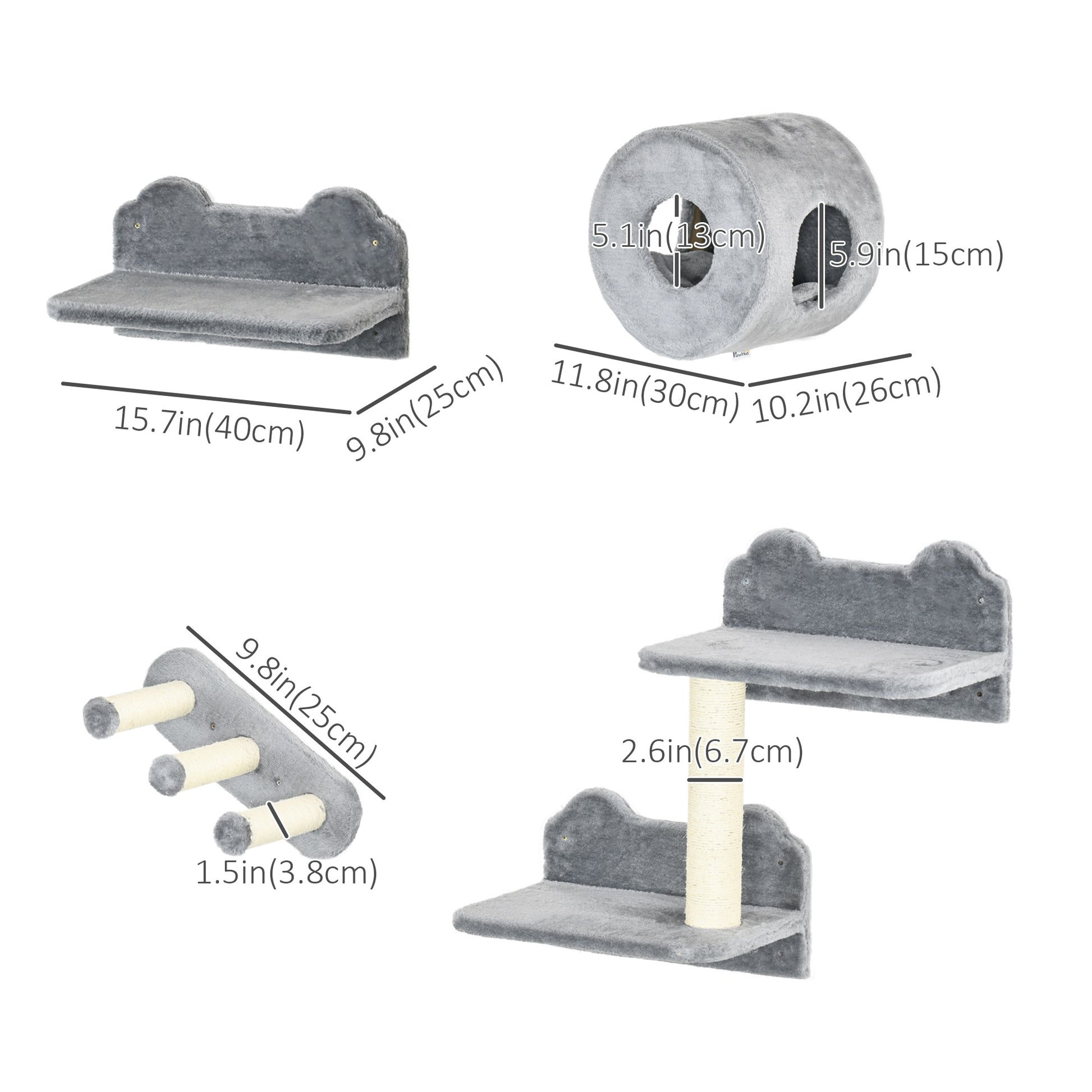4 PCs 9.3" H Cat Wall Shelves, Pet Wall-mounted Climbing Shelf Set, Kitten Activity Centre with Condo, Cushion, Scratchi