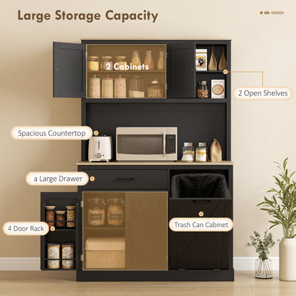 69" Pantry Cabinet with Charging Station, Kitchen Cabinet with Microwave Stand, Tilt-Out Trash Can Cabinet, Black