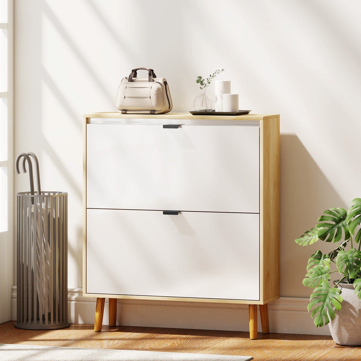 Narrow Shoe Cabinet, High Gloss Shoe Storage Cabinet with 2 Flip Drawers and Adjustable Shelves, Holds 16 Pairs, White