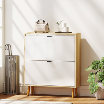 Narrow Shoe Cabinet, High Gloss Shoe Storage Cabinet with 2 Flip Drawers and Adjustable Shelves, Holds 16 Pairs, White