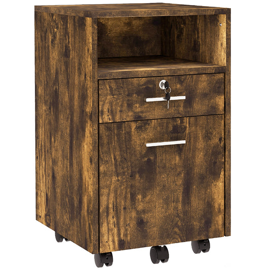 Small Filing Cabinet with 2 Drawers, Lockable Home Office Storage Cabinets on Wheels for A4, Letter Size, Rustic Brown
