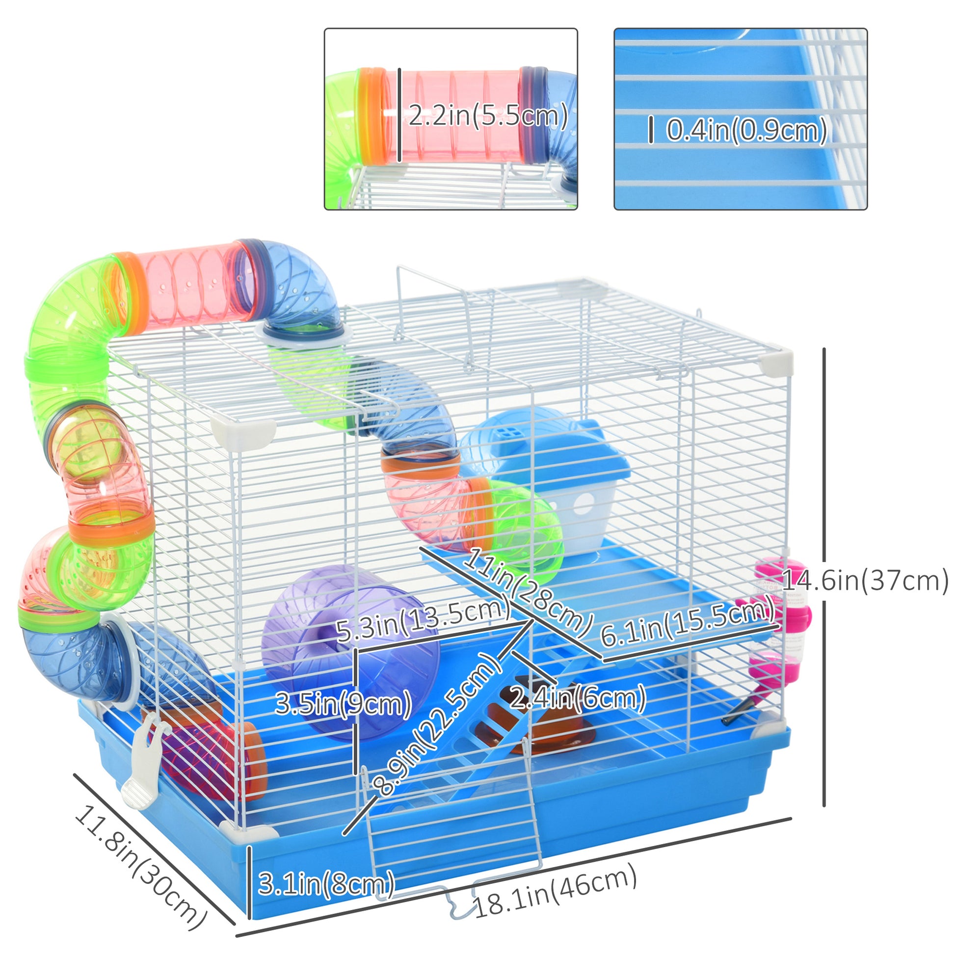 18"L Hamster Cage, Small Animal House, 2-Level Rat Gerbil Haven with Tunnel Tube System, Exercise Wheel, Water Bottle, F