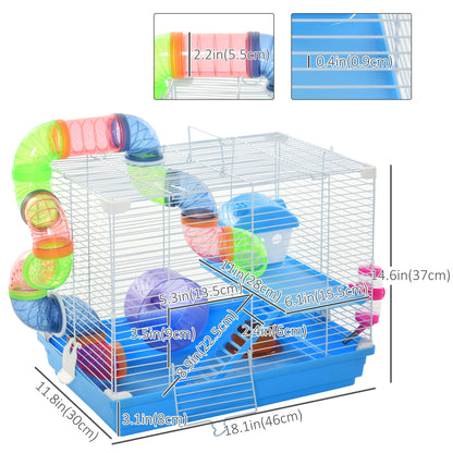 18"L Hamster Cage, Small Animal House, 2-Level Rat Gerbil Haven with Tunnel Tube System, Exercise Wheel, Water Bottle, F