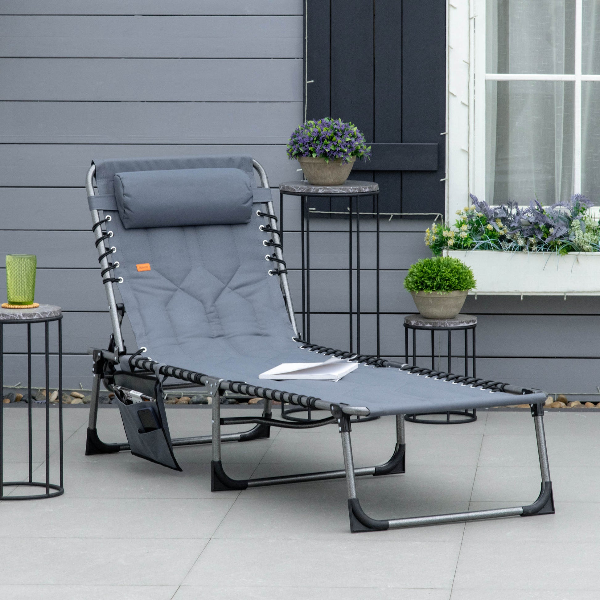 Outdoor Lounge Chair, Folding Chaise Lounge, Patio Padded Tanning Chair with 5-position Adjustable Backrest, Pillow and 