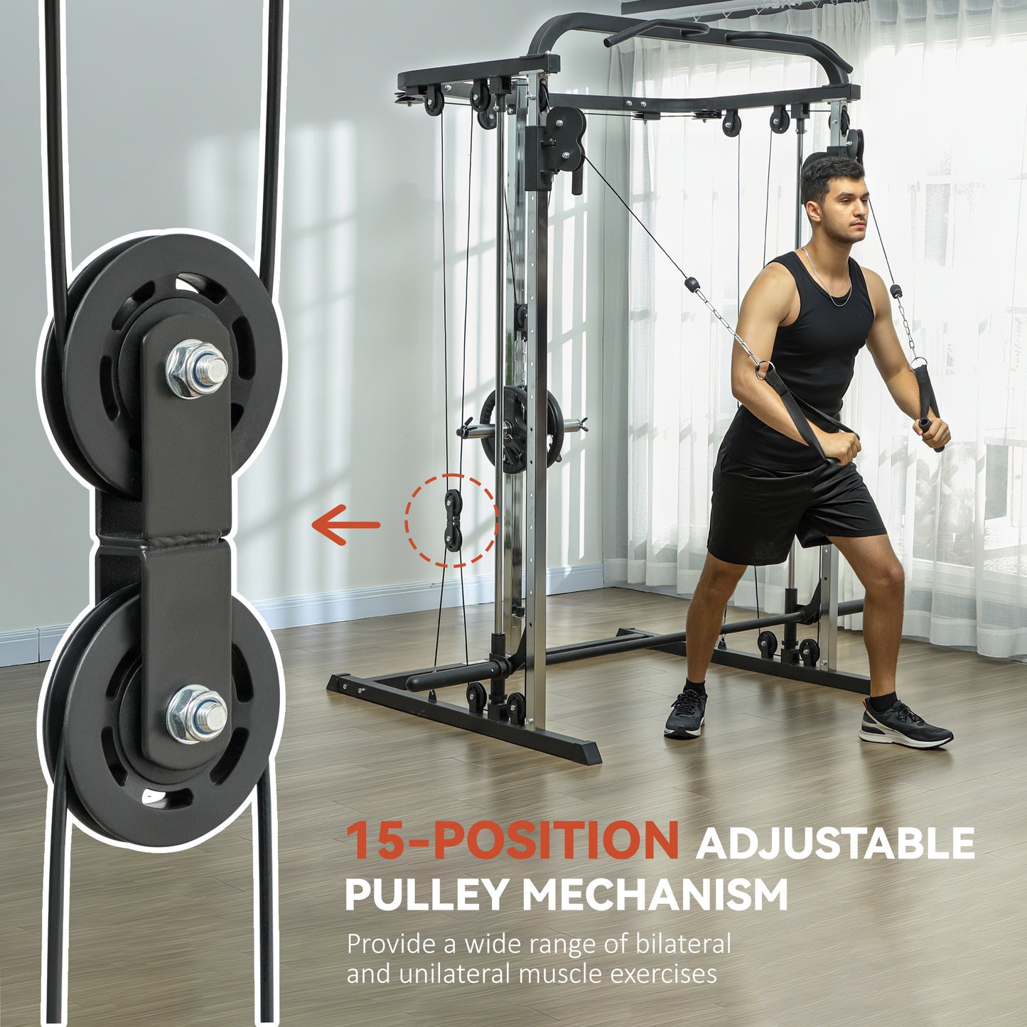 Soozier 3 In 1 Smith Machine Power Rack with Cable Crossover System, Pull up Station, 16-Level Squat Rack and Barbell Ba