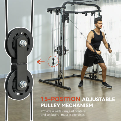Soozier 3 In 1 Smith Machine Power Rack with Cable Crossover System, Pull up Station, 16-Level Squat Rack and Barbell Ba