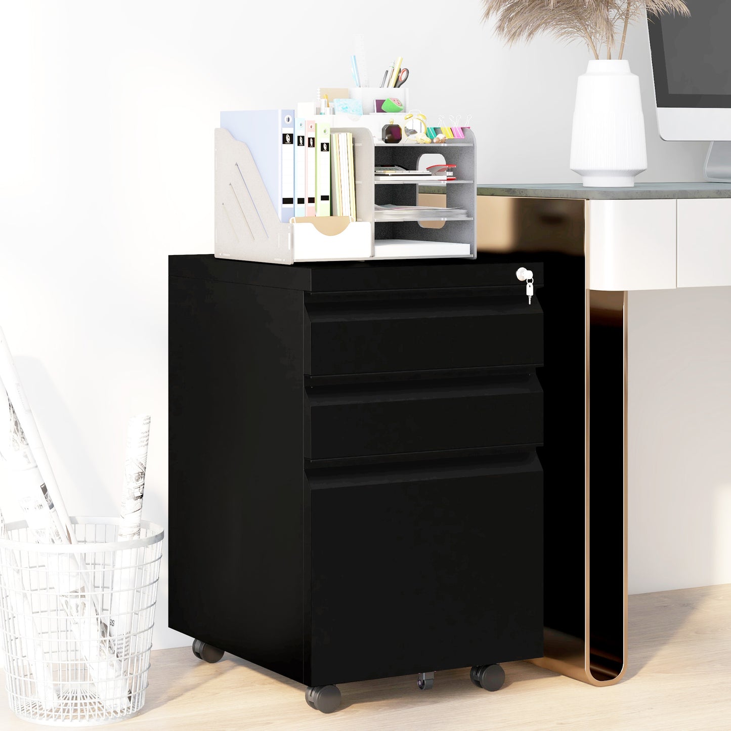 3 Drawer File Cabinet with Lock, Steel Vertical Filing Cabinet with 5 Wheels and Hanging Bar for A4/Legal/Letter, Home O
