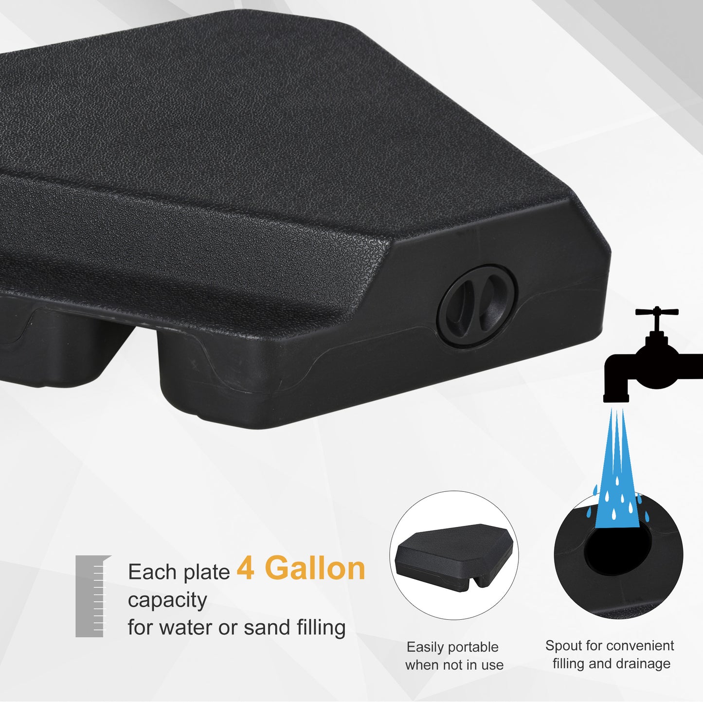 Umbrella Stand Fitting 2" Poles and Steel Base with 4 Fillable Plastic Weights, 158lbs Sand or 132lbs Water Filled, Blac