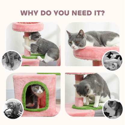 28" Cat Tree Tower with Plush Top Bed, Cozy Condo, Sisal Scratching Post, Perch, Dangling Ball, Pink & Green