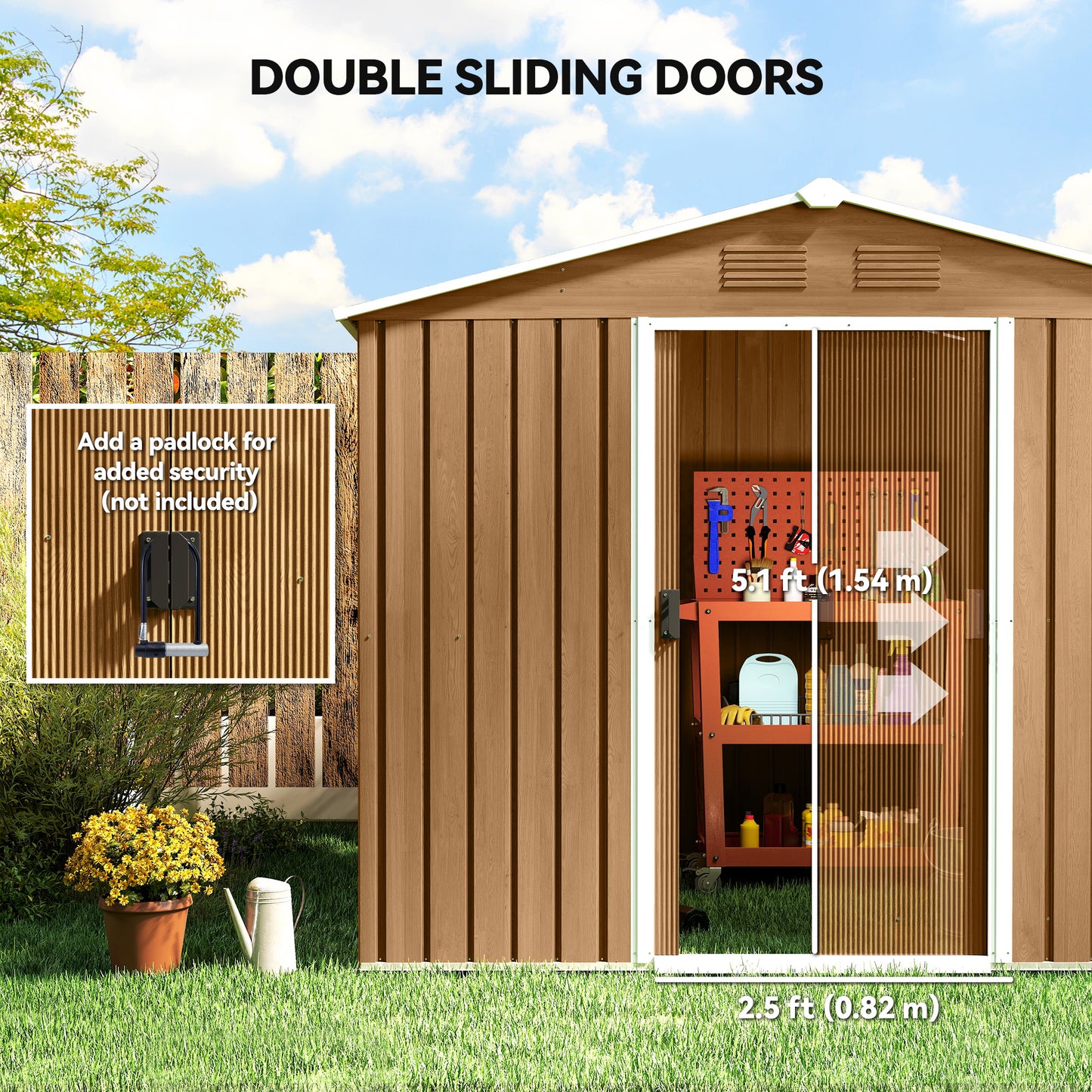 8' x 6' Outdoor Storage Shed, Metal Garden Tool Storage House with Lockable Sliding Doors and Vents for Backyard Patio L