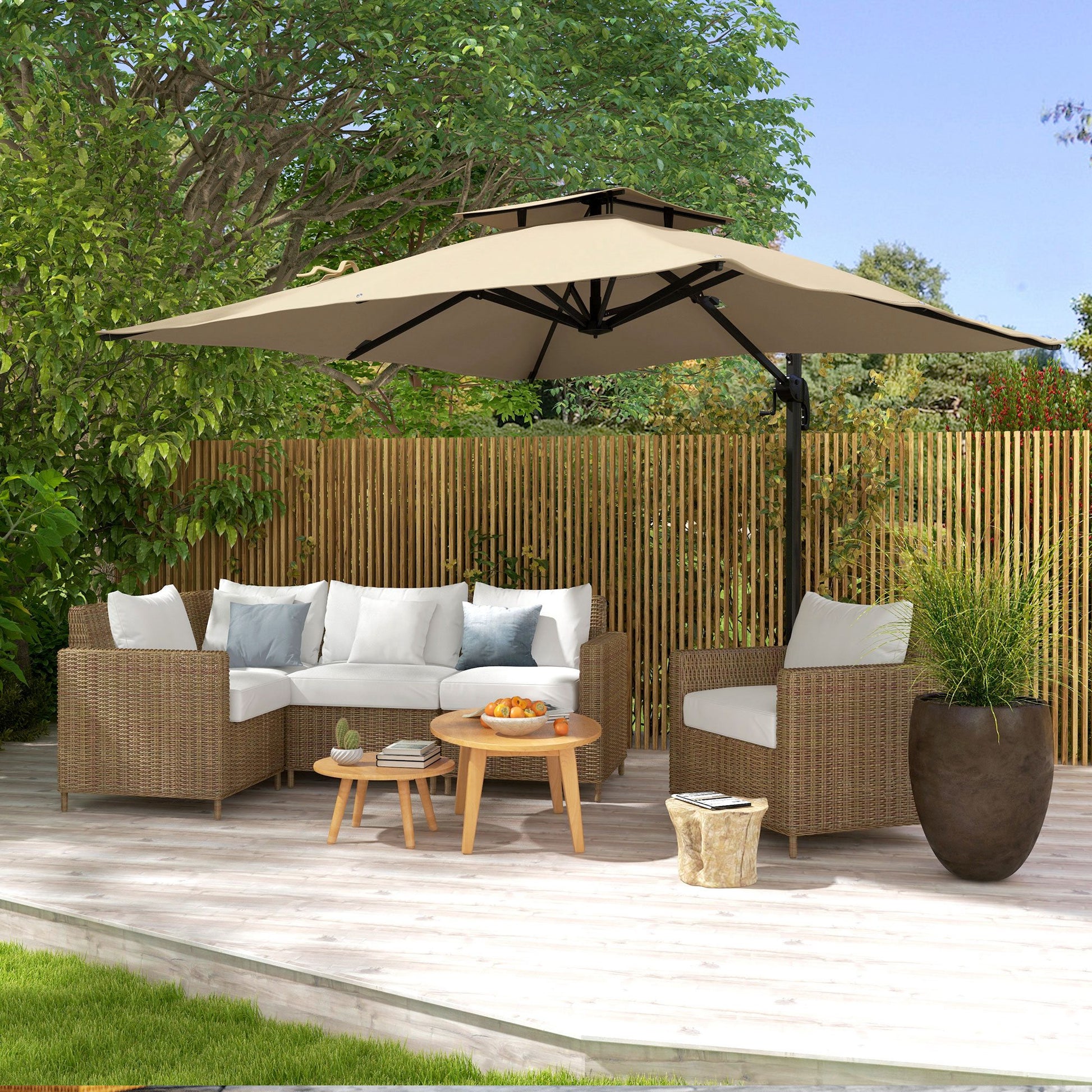 10ft Square Cantilever Patio Umbrella, 360° Rotating Overhanging Umbrella with Cross Base, Crank Handle, Khaki